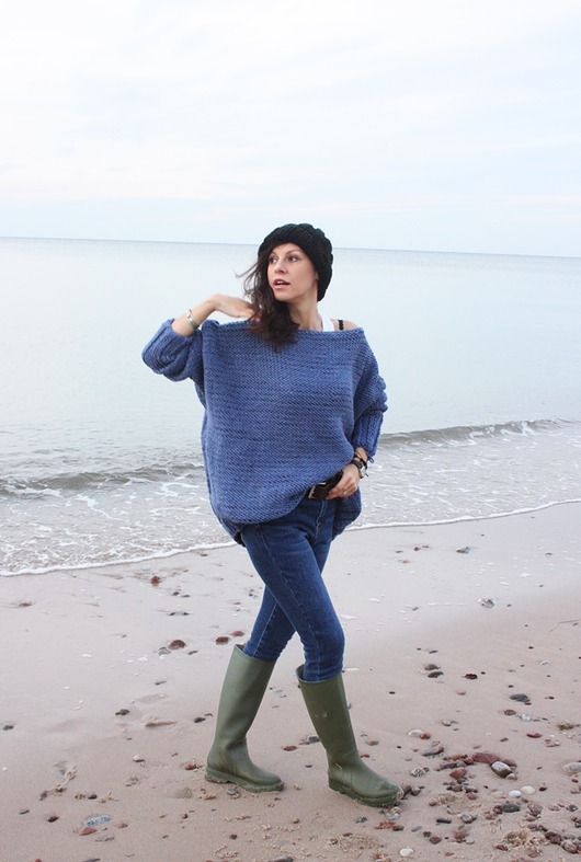 swetry damskie  Sweter handmade oversize  blue z wełną