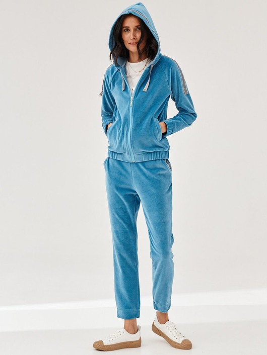 bluza z kapturem damska Bluza AMIKA z błękitnej welurowej dzianiny