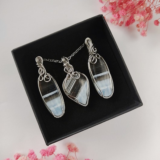 komplet biżuterii Komplet Opal Niebieski Naszyjnik i kolczyki - stal chirurgiczna wirewrapping