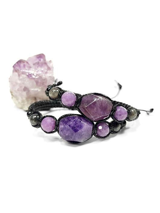 bransoletki z kamieni naturalnych Ametyst, sugilit, larvikit i czarny agat bransoletka makramowa