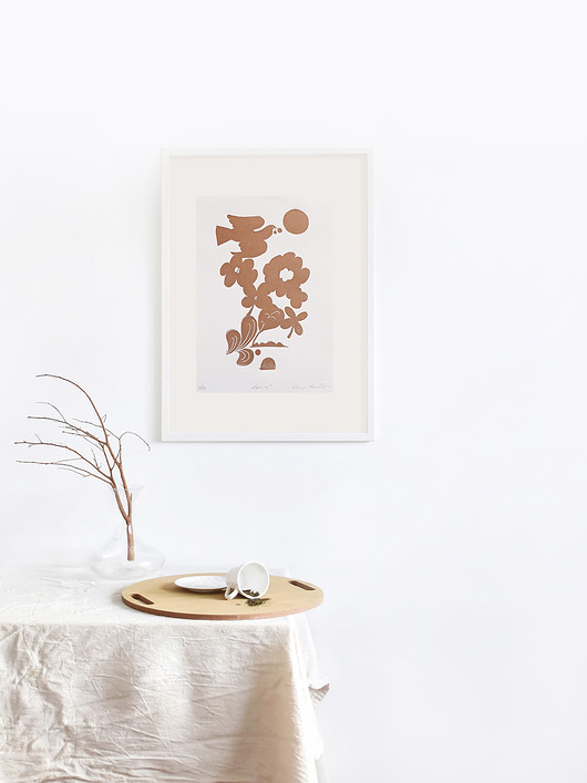 grafiki i ilustracje Grafika botaniczna, linoryt, kwiaty i ptak, złoto