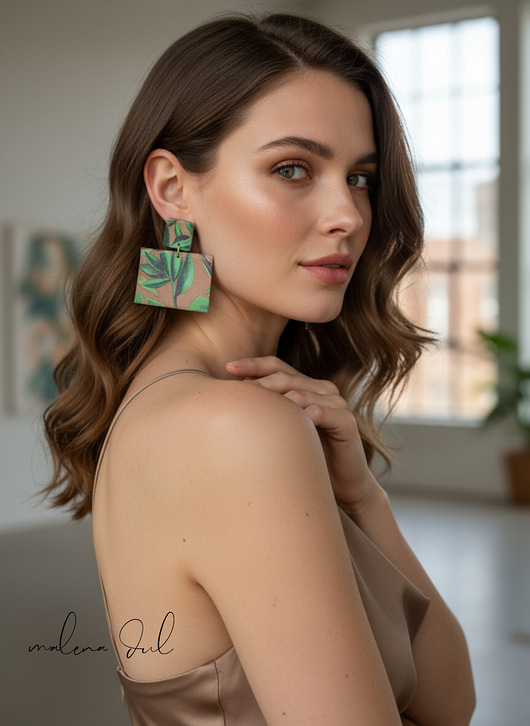 kolczyki - inne Kolczyki RAW, duże zielone beżowe motyw botaniczny skóra naturalna