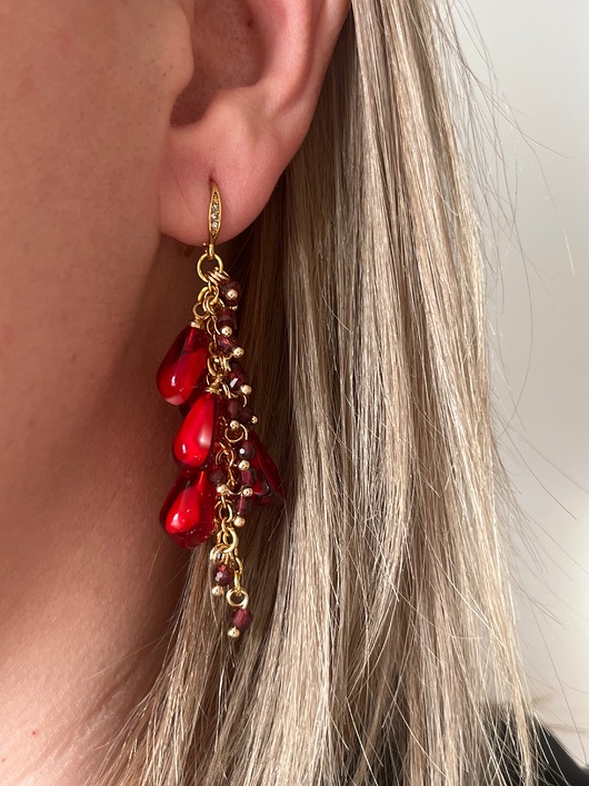 kolczyki pozłacane Kolczyki z Żywicy z Koralami  Granat, Wiszące Burgundowe