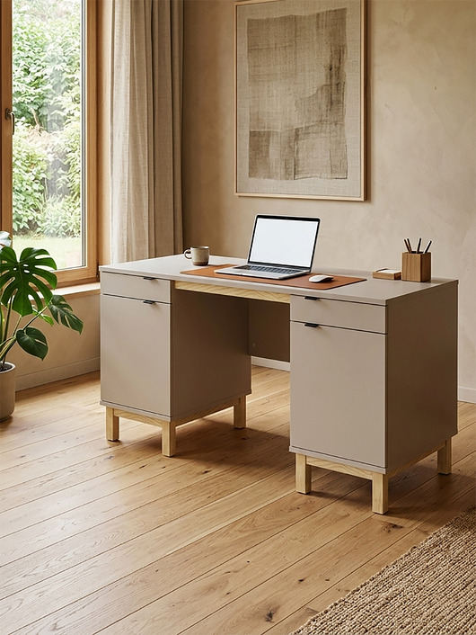 biurka Biurko B-MODEL-1 z dwiema szufladami szafkami, szarobeżowe, kaszmirowe, 140x60