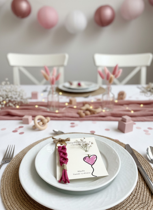 zaproszenia i kartki na ślub Podziękowania na baby shower, breoloczek makrama różowy