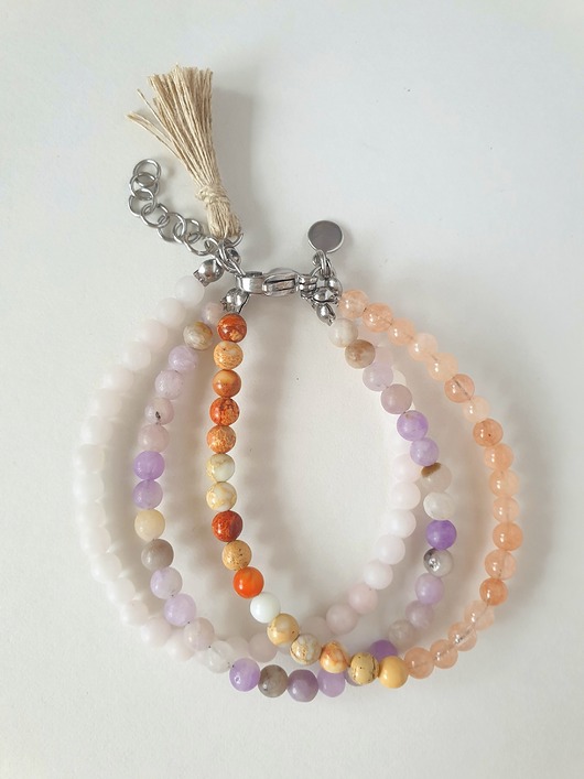 bransoletki z kamieni naturalnych Bransoletka TRIO BOHO ART jadeit, jaspis, kwarc, fiolet, pomarańcz,beż
