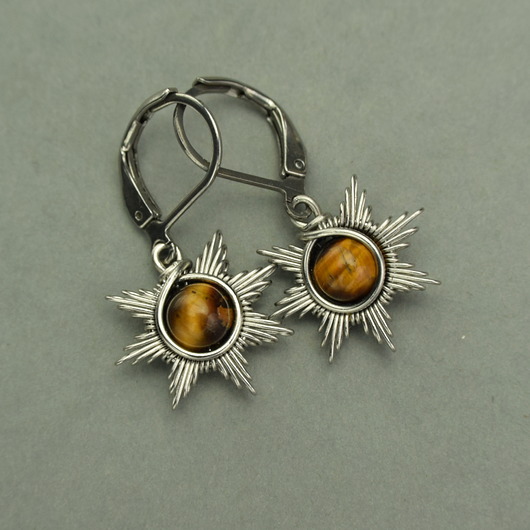 kolczyki wire wrapping Małe kolczyki słoneczka tygrysie oko wire wrapping