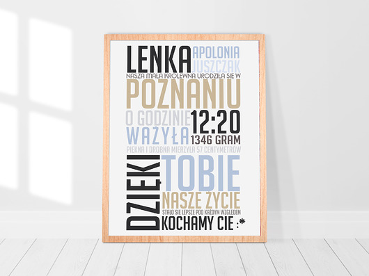 Metryczka narodzin dziecka - Typograficzna - A3 Bajkowe Obrazki