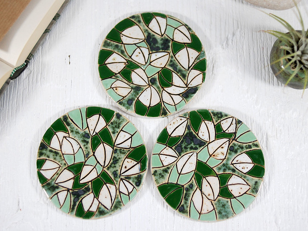 3 ceramiczne podkładki pod napoje - kwiaty 10FingersArt