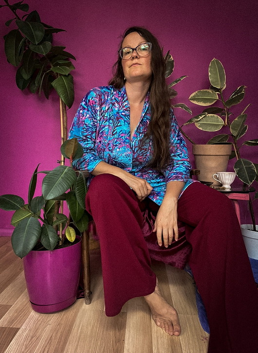 szlafroki damskie Aksamitne KIMONO domowe/ narzutka, autorski print niebieska RAFA KORALOWA