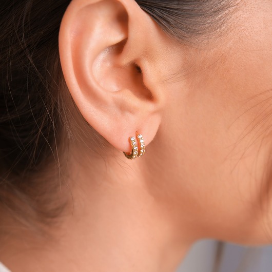 kolczyki pozłacane Złote kolczyki podwójne White Belle z białymi cyrkoniami srebro 925 pozłacan