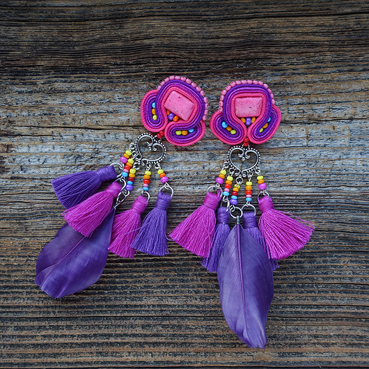 kolczyki soutache Kolorowe kolczyki boho z chwostami