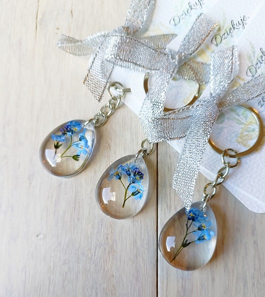 Ślub - inne Podziękowania dla gości KOMUNIA, ŚLUB brelok - prawdziwe niezapominajki