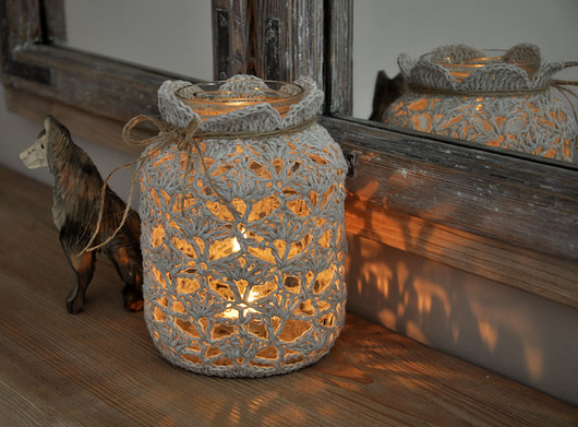 Lampion- świecznik w szydełkowej koronce mamuta