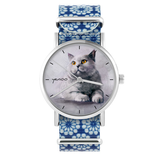 zegarki damskie Zegarek - Kot brytyjski - niebieski, kwiaty