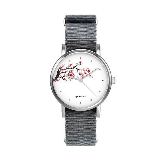 zegarki unisex Zegarek  mały - Kwiat wiśni - nylonowy, szary