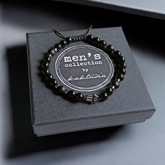 biżuteria męska HAMSA - ochrona - onyks,hematyt - bransoletka regulowana ONE SIZE