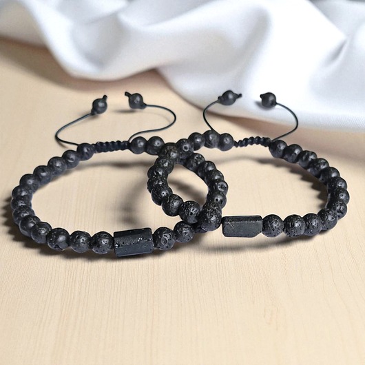 bransoletki z kamieni naturalnych KOMPLET dla PARY - czarny turmalin - na sznurku