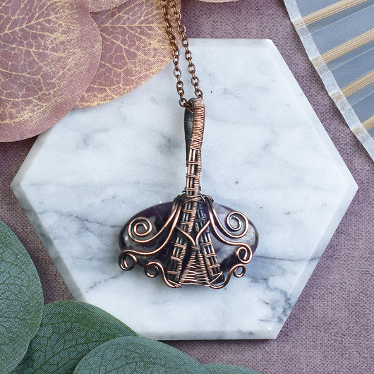 wisiory Miedziany wisiorek wire wrapping z ametystem #525