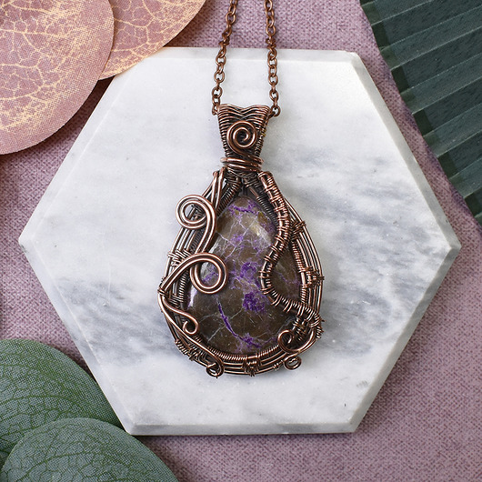 wisiory Miedziany wisiorek wire wrapping z purpurytem #465