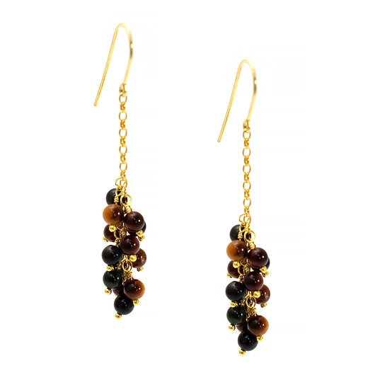 kolczyki złote Długie kolczyki gronka z tygrysim okiem, pozłacane srebro 925