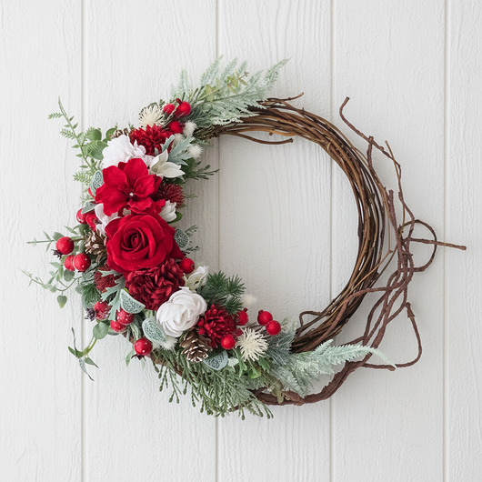 wianki bożonarodzeniowe Zimowy biało-czerwony wianek na drzwi (26cm)