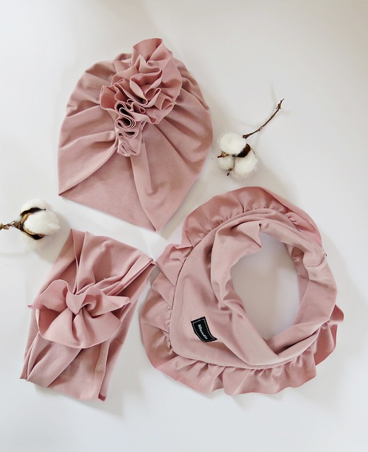 czapki dziecięce Komplet boho  pudrowy róż dla dziewczynki   3set