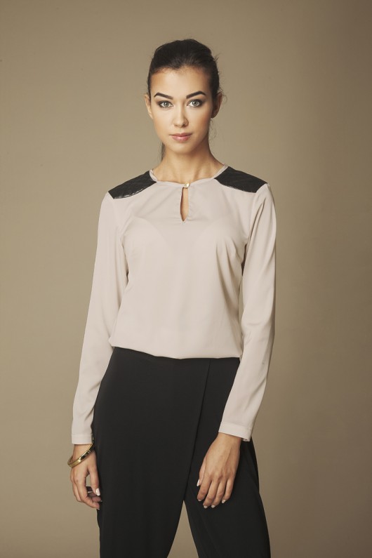 Beżowa bluzka pikowane wstawki ABG Fashion