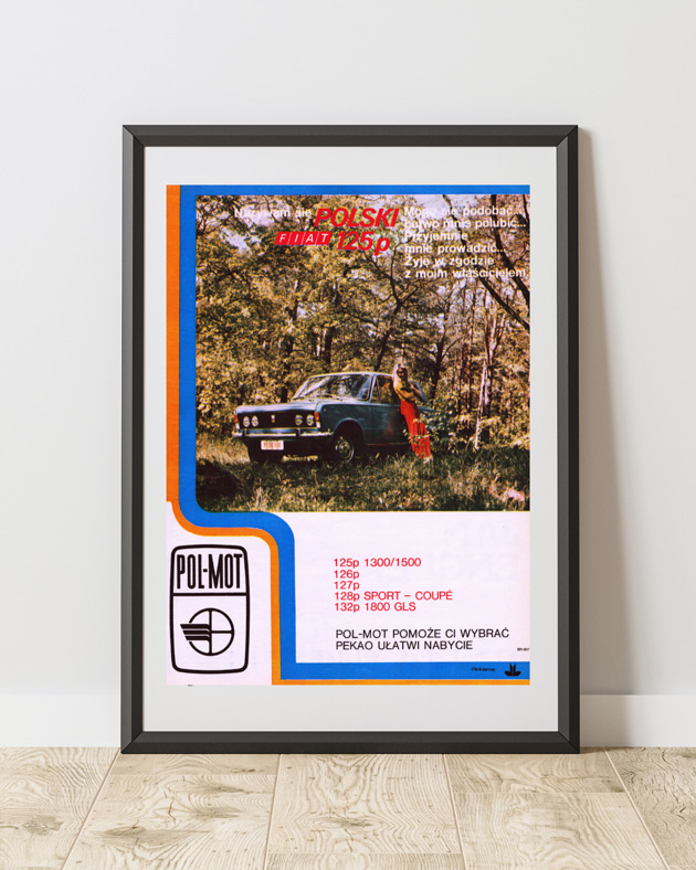 plakaty Plakat Oprawiona reklama POLMOT z Fiatem 125 p z 1974 r