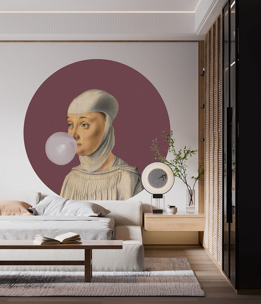 tapety i naklejki ścienne Mural DOTS  Kobieta z Gumą Balonową WIŚNIOWY- okrągła dekoracja ścienna