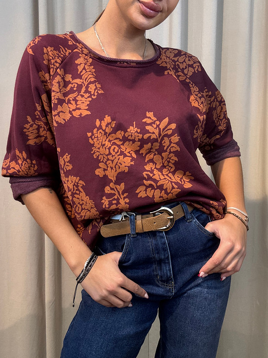 bluza bez kaptura damska Bluza w kwiaty Borgogna