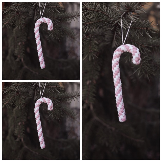 ozdoby choinkowe 3 laski cukrowe z makramy  biało / fioletowe  DOSTĘPNE od ręki