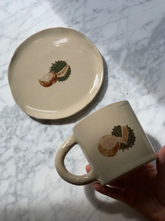 kubki i filiżanki Zestaw Duży Ceramiczny Kubek Handmade 420 ml i Talerzyk w Kasztany