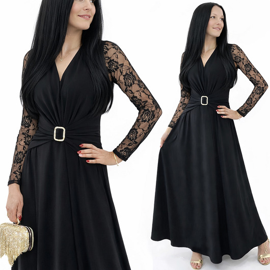 sukienki maxi damskie Sukienka Maxi Czarna Bankiet Bal Wesele Koronka Złota Klamra