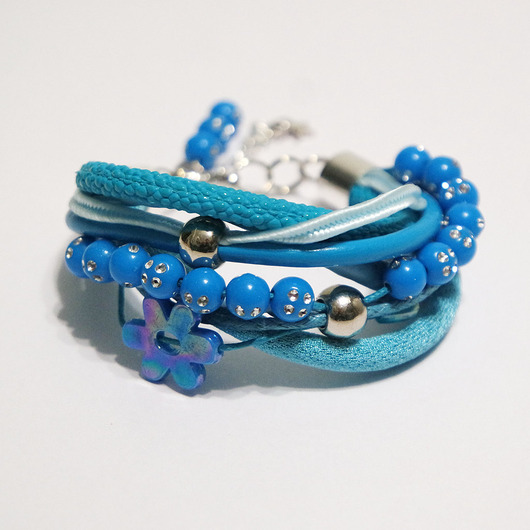 bransoletki - inne Bransoletka - Niebieski kwiat - rzemienie, koraliki