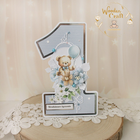 kartki, zaproszenia na chrzest Urodzinowa kartka cyferka, prezent na roczek "Baby Blue 2" GOTOWA