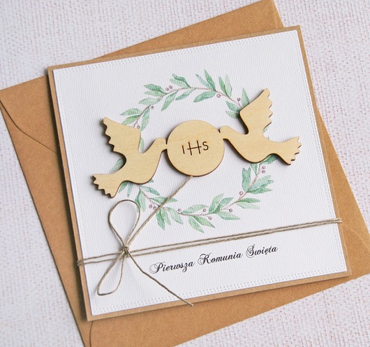 kartki na komunię Kartka z życzeniami : I Komunia Święta : gołębie IHS