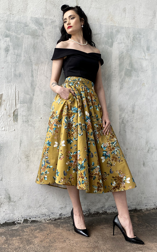 spódnice midi Złota spódnica midi w kwiaty