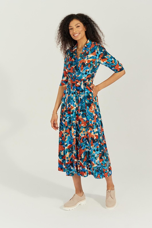 sukienki midi damskie Szmizjerka CHIARA pattern pomarańczowo niebieski