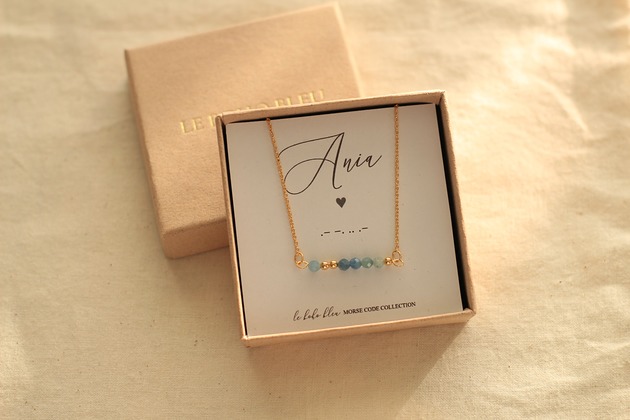 złote naszyjniki Dowolne Słowo - Alfabet Morse'a - Akwamaryn - Marzec