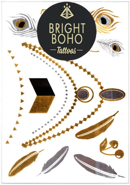 Boho Tattoos Golden Feathers Set Bright Boho old
