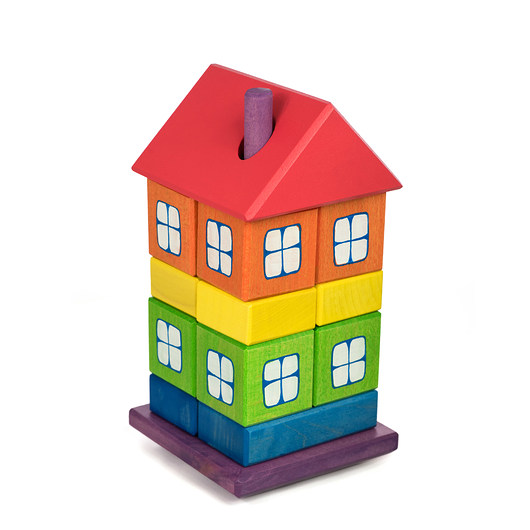 Drewniany domek z tęczowych klocków, Montessori Tarnawa