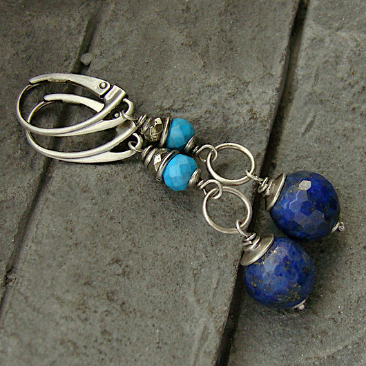 kolczyki z kamieniami Kolczyki Lapis lazuli, turkus, piryt
