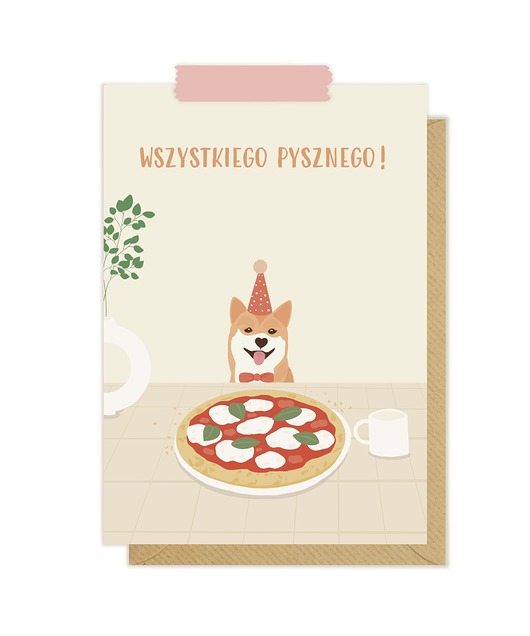 kartki okolicznościowe - wydruki Kartka urodzinowa pizza piesek shiba wszystkiego pysznego