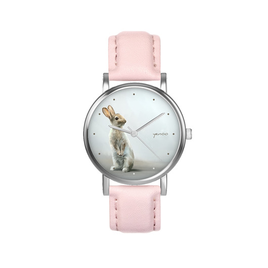 zegarki damskie Zegarek  mały - Zając - skórzany, pudrowy róż