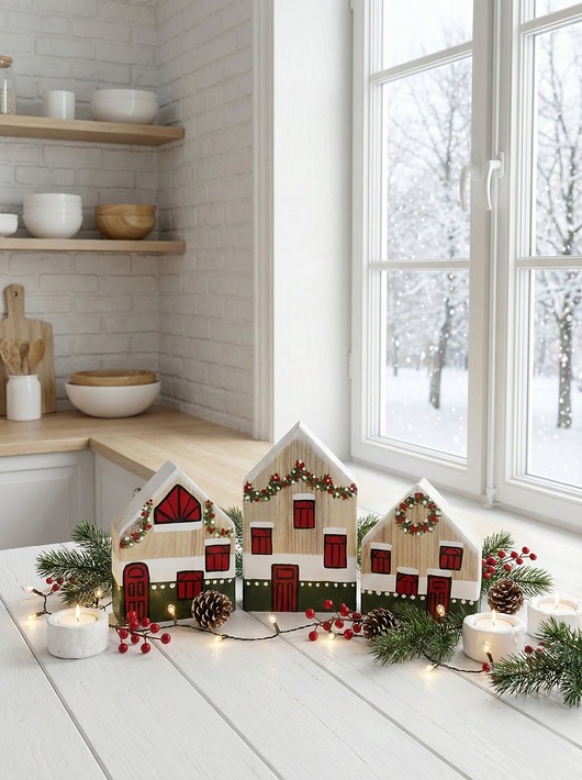 dekoracje świąteczne Zestaw drewnianych domków