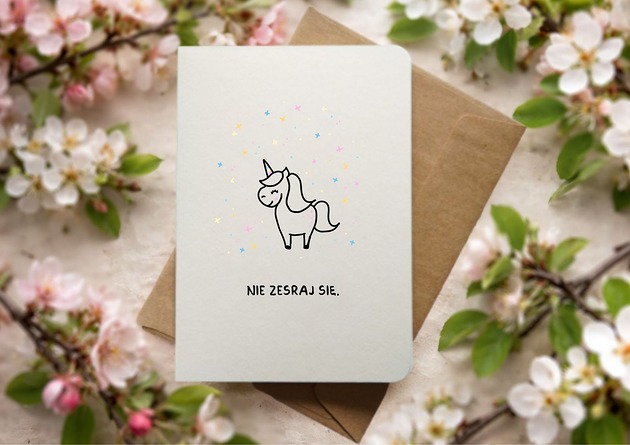 kartki okolicznościowe - wydruki Zabawna kartka z niegrzecznym jednorożcem, nie zesraj się, czarny humor
