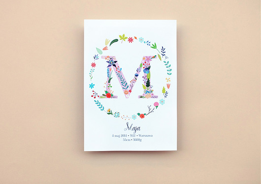 Metryczka z imieniem dziecka, inicjały PRINTLOVE