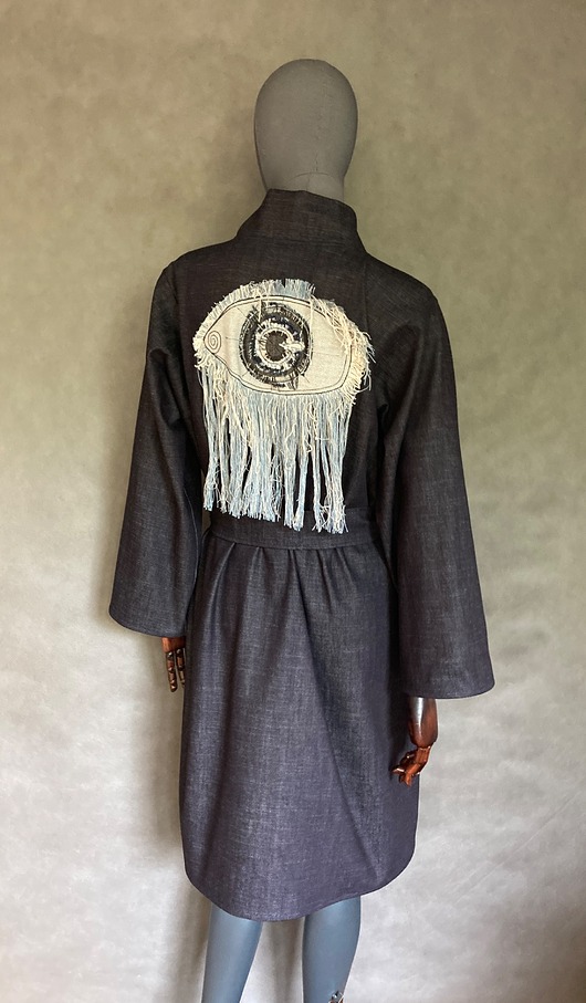 płaszcze damskie Kimono długie jeans z paskiem oko patchwork frędzle.