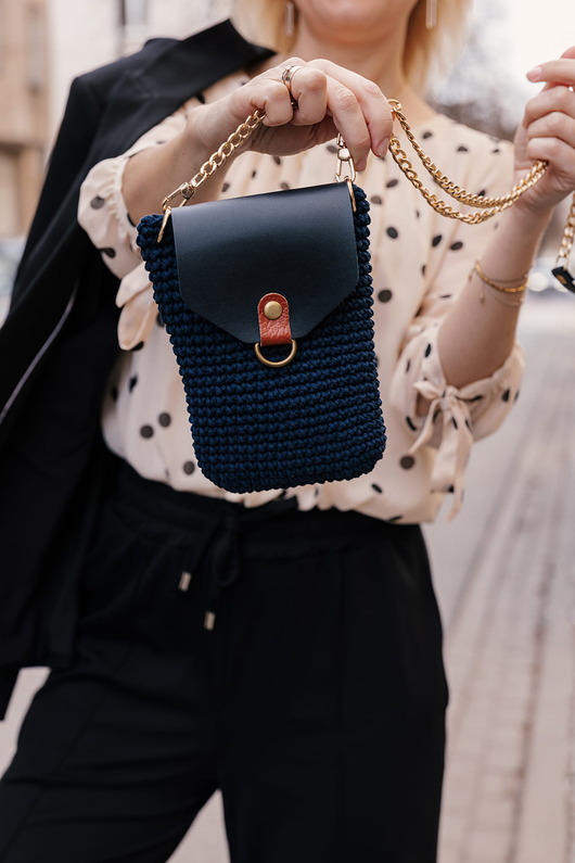 torebki mini Mini Bag Craftbags - granatowa z koniakową ozdobą i złotem